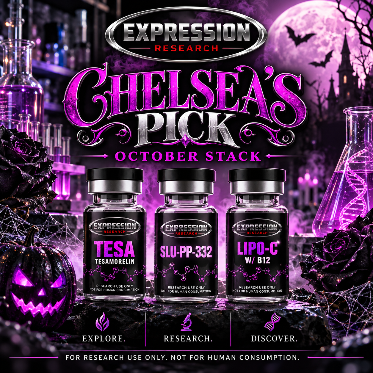 Chelsea's Pick October Research Stack featuring Tesamorelin, SLU-PP-332 and Lipo-C with B12